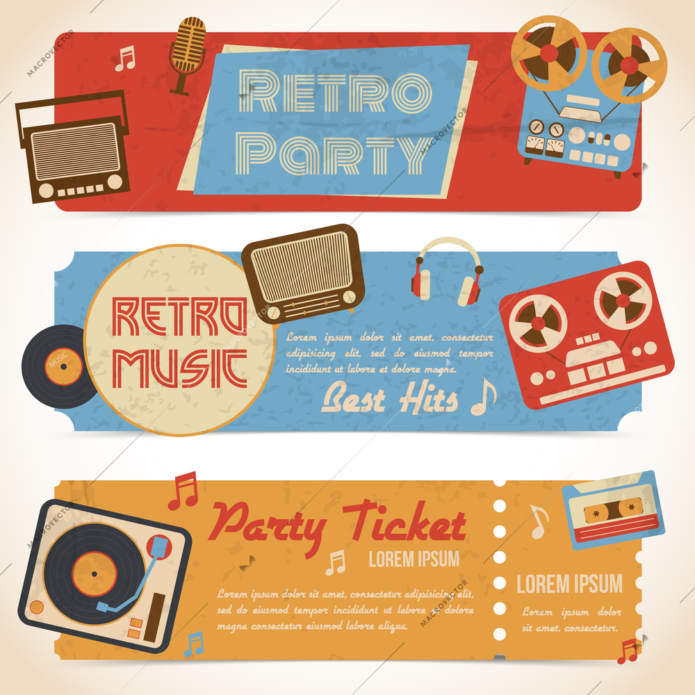 Retro music party ticket banners with analog gadgets isolated vector illustration