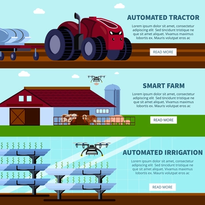 Smart farming with unmanned tractor, automated irrigation orthogonal flat banners on blue sky background isolated vector illustration