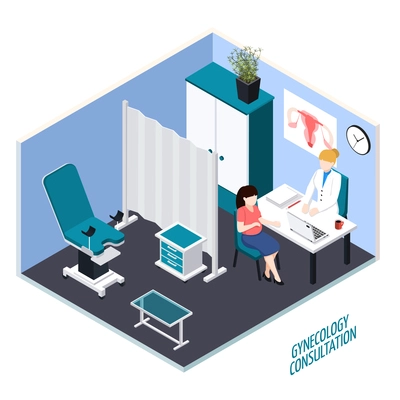 Young woman during gynecology consultation isometric composition with medical equipment and interior elements vector illustration