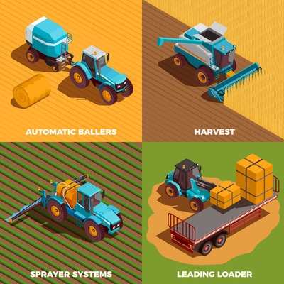 Agricultural machines isometric concept icons set with baler and sprayer isolated vector illustration