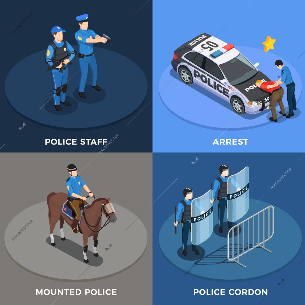Police isometric concept icons set with arrest symbols isolated vector illustration