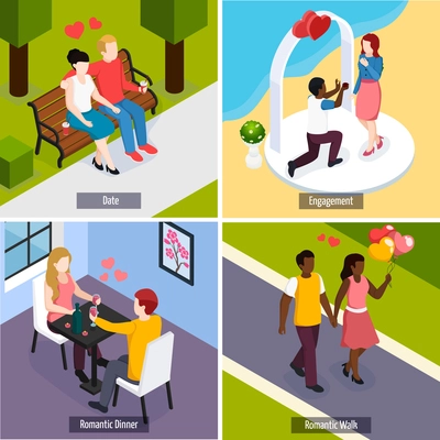 Couples during romantic date, dinner in restaurant and engagement isometric design concept isolated vector illustration