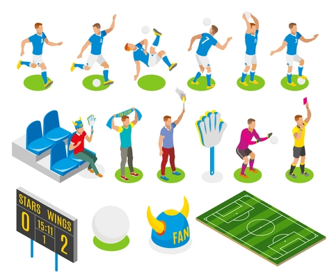 Football isometric icons set of fans gamers referee characters board with score of match vector illustration