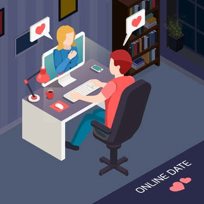 Romantic date online isometric composition with couple during internet communication by computer vector illustration