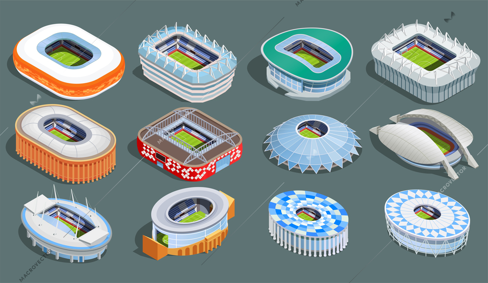 Russia June 2018. Football cup isometric icons set with stadiums in Russia symbols isolated vector illustration