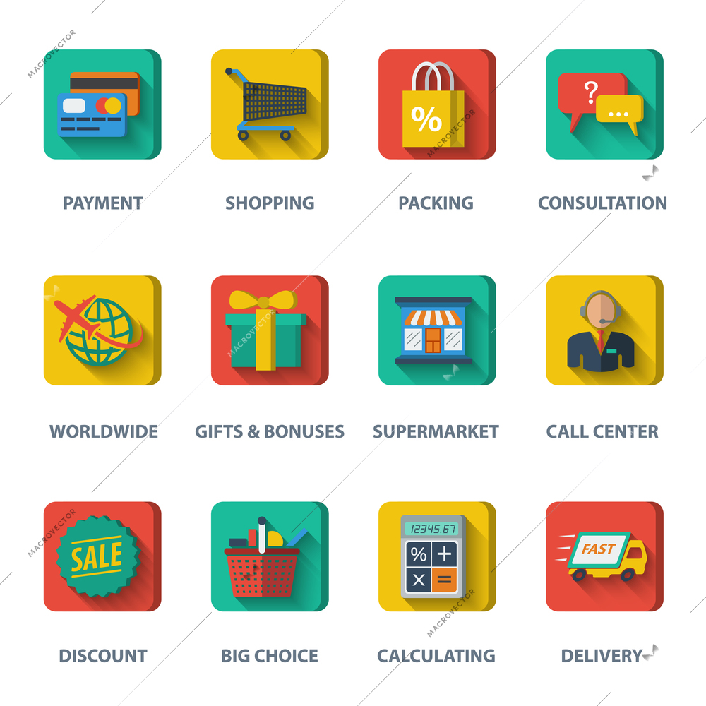 E-commerce internet shopping icons set of payment discount  delivery elements isolated vector illustration