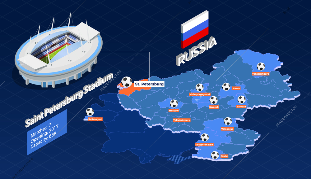 Russia Saitn Petersburg. June 2018. Football cup games isometric composition with matches in Saint Petersburg vector illustration