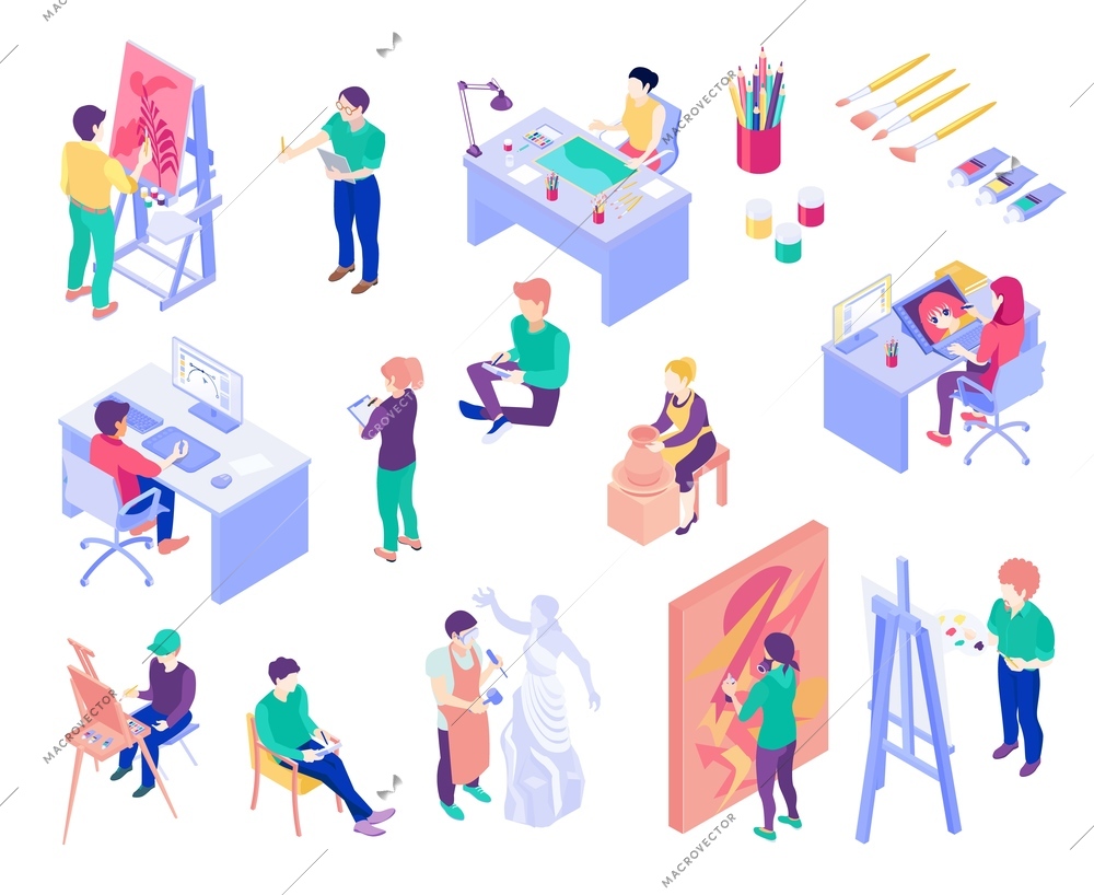 Creative professions artist, potter, graphic designer, sculpture master, set of isometric people isolated vector illustration