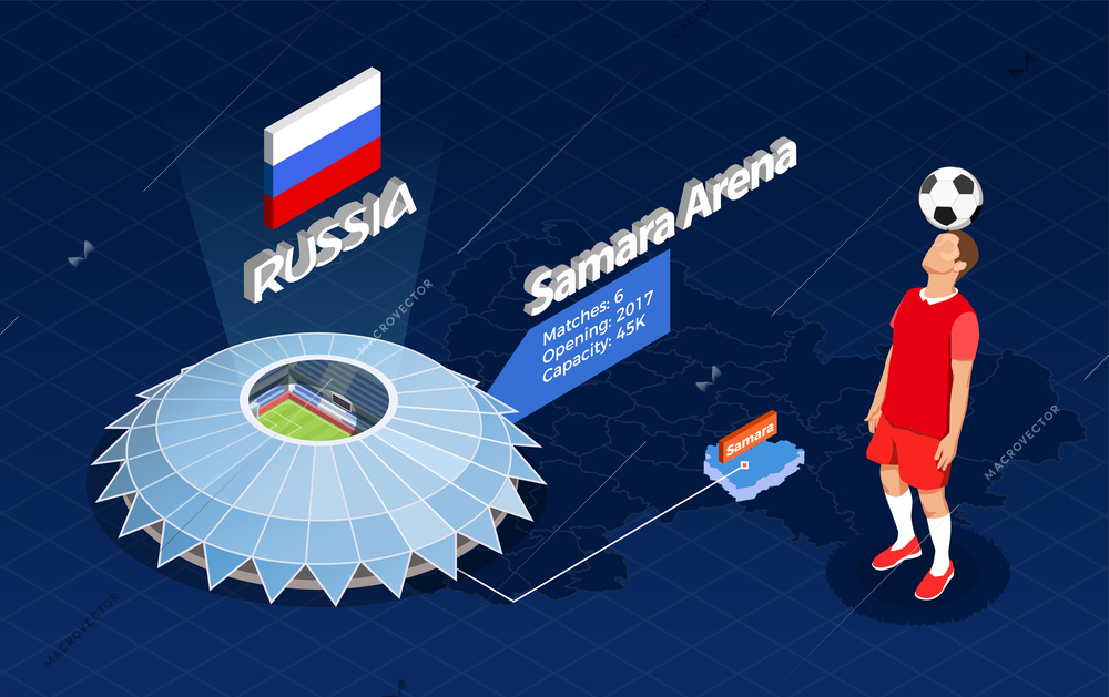 Russia, Samara June 2018. Football cup isometric poster with stadiums and games in Samara vector illustration