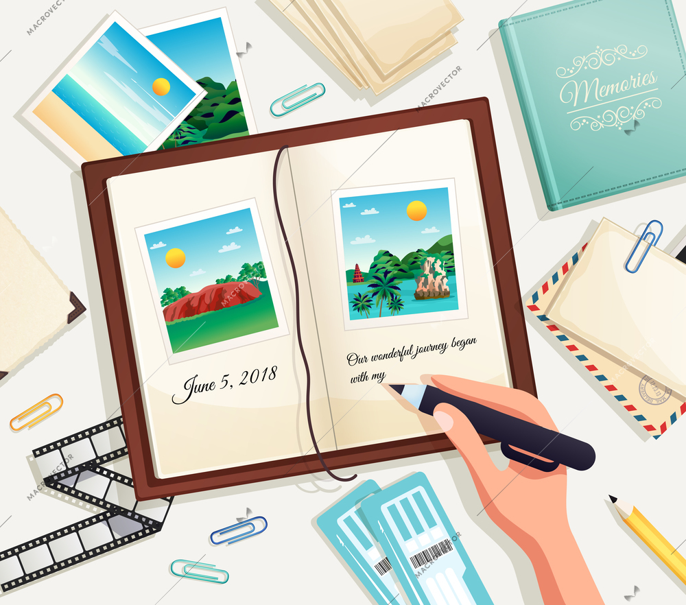 Photo album cartoon vector illustration with human hand holding pencil for writing explanation under photograph in scrapbook page