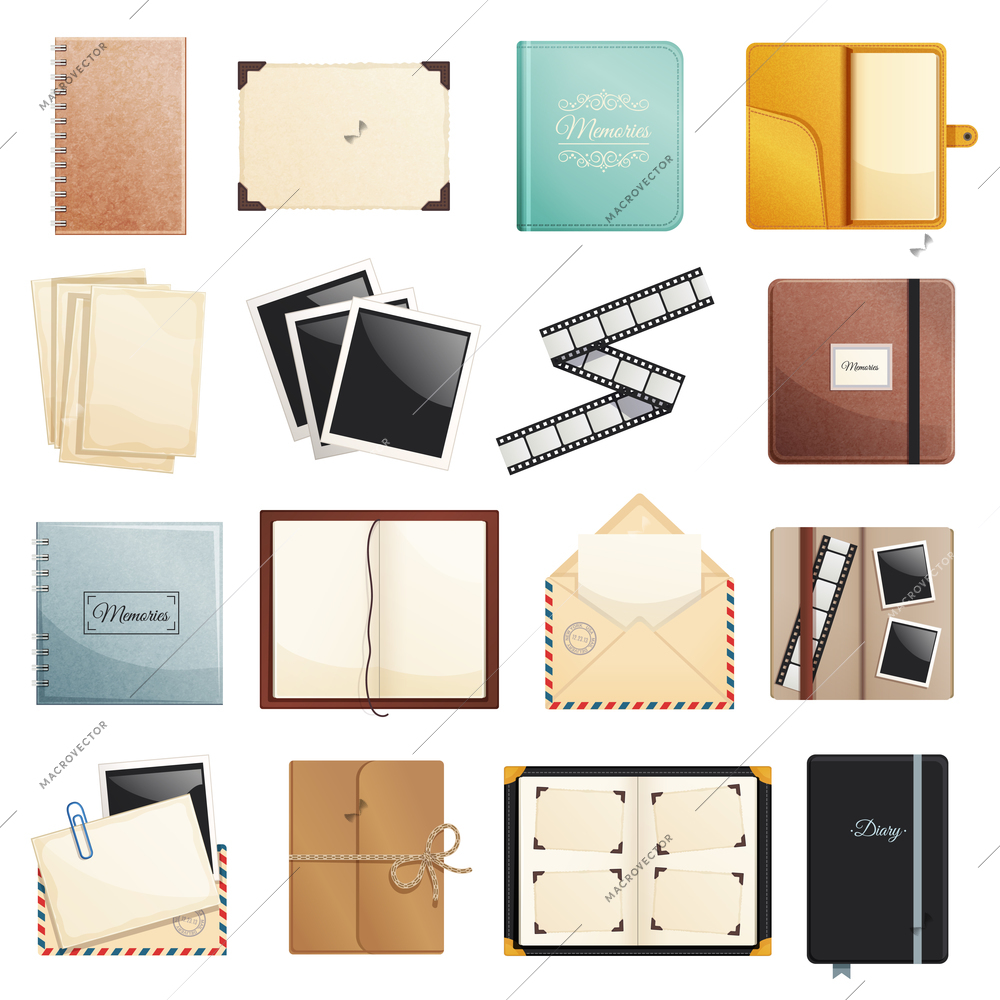 Memories collection of photo album scrapbook notepad diaries postal envelope film slide folders isolated decorative elements vector illustration