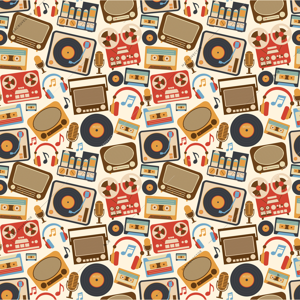 Retro music seamless pattern with vinyl player cassette recorder vintage microphone vector illustration