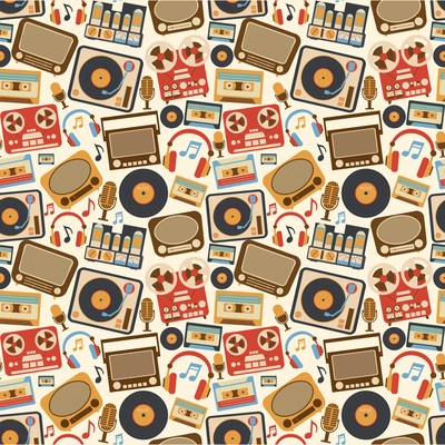 Retro music seamless pattern with vinyl player cassette recorder vintage microphone vector illustration