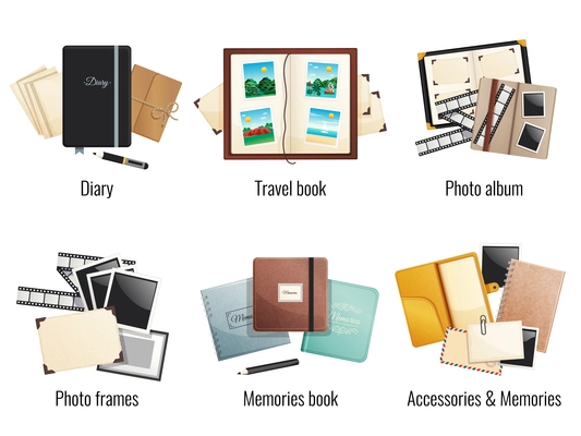 Six isolated compositions of memories books diaries photo albums travel book photo frames cartoon vector illustration