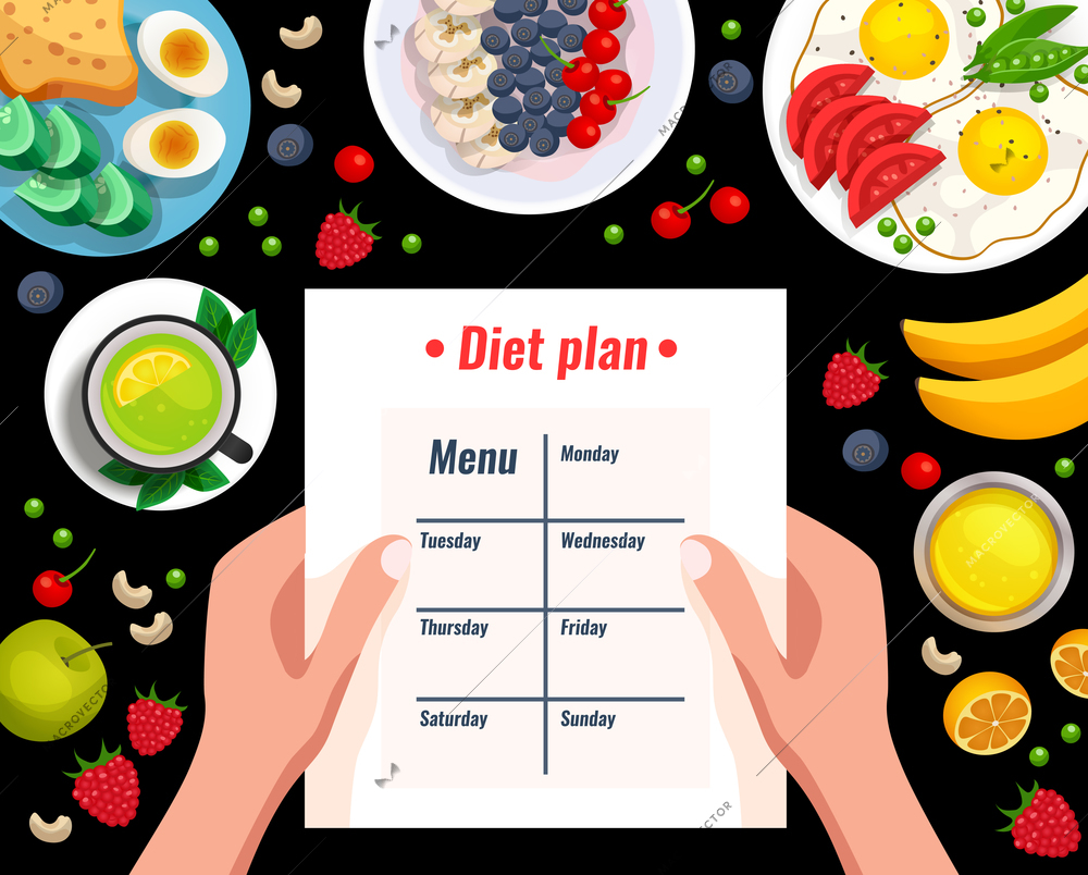 Diet plan cartoon vector illustration with different useful dishes and menu sheet in woman hands