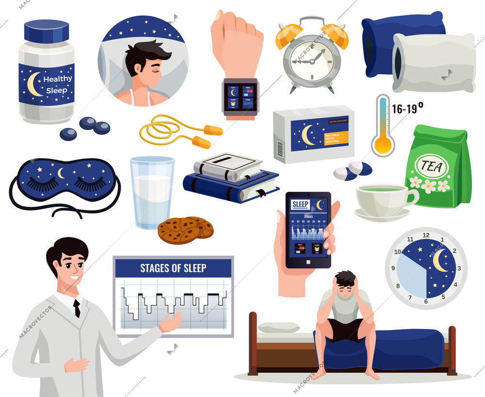 Healthy sleep decorative icons set of alarm night mask doctor showing graph of sleep stages isolated vector illustration