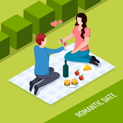 Romantic date at outdoor, couple on picnic during eating isometric composition on green background vector illustration