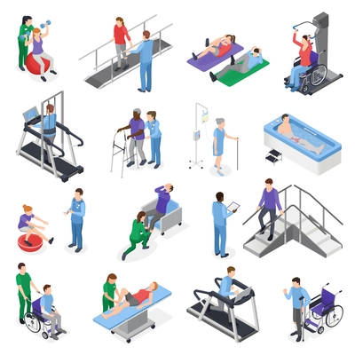 Physiotherapy rehabilitation clinic  isometric icons set with nursing staff treatment equipment simulators patient recovery isolated vector illustration