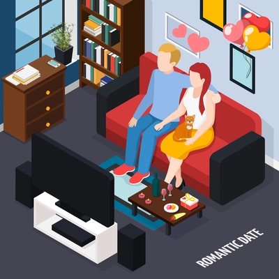 Romantic date dinner for two at home isometric composition with couple on sofa watching tv vector illustration