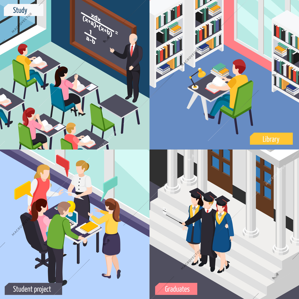 University students in library lecture classroom busy with project 4 isometric college life concept icons vector illustration