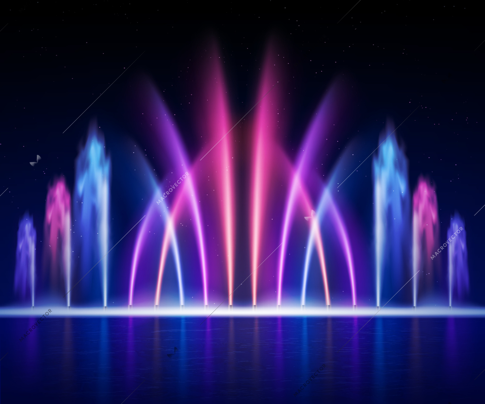 Large multi colored decorative dancing water jet led light fountain show at night realistic image vector illustration