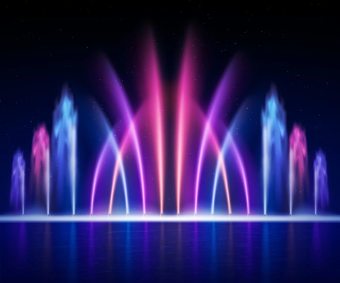 Large multi colored decorative dancing water jet led light fountain show at night realistic image vector illustration