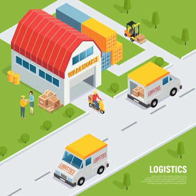 Warehouse logistics shipping receiving goods equipment isometric composition with delivery vehicles storage containers forklift truck vector illustration