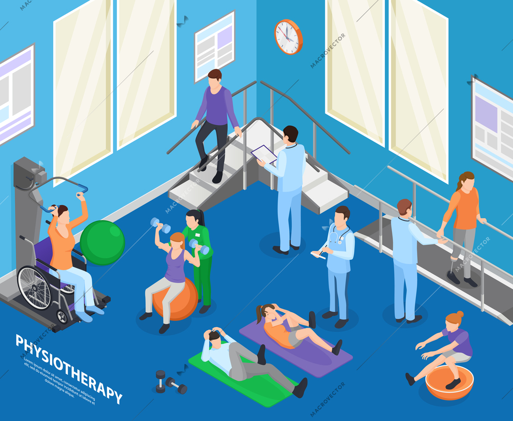 Physiotherapy rehabilitation facility clinic exercise hall speeding recovery physical activities with therapist session isometric composition vector illustration