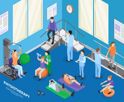 Physiotherapy rehabilitation facility clinic exercise hall speeding recovery physical activities with therapist session isometric composition vector illustration