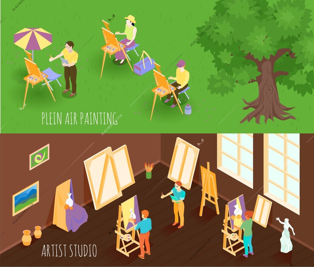 Set of isometric horizontal banners with plein air painting and artist studio isolated vector illustration