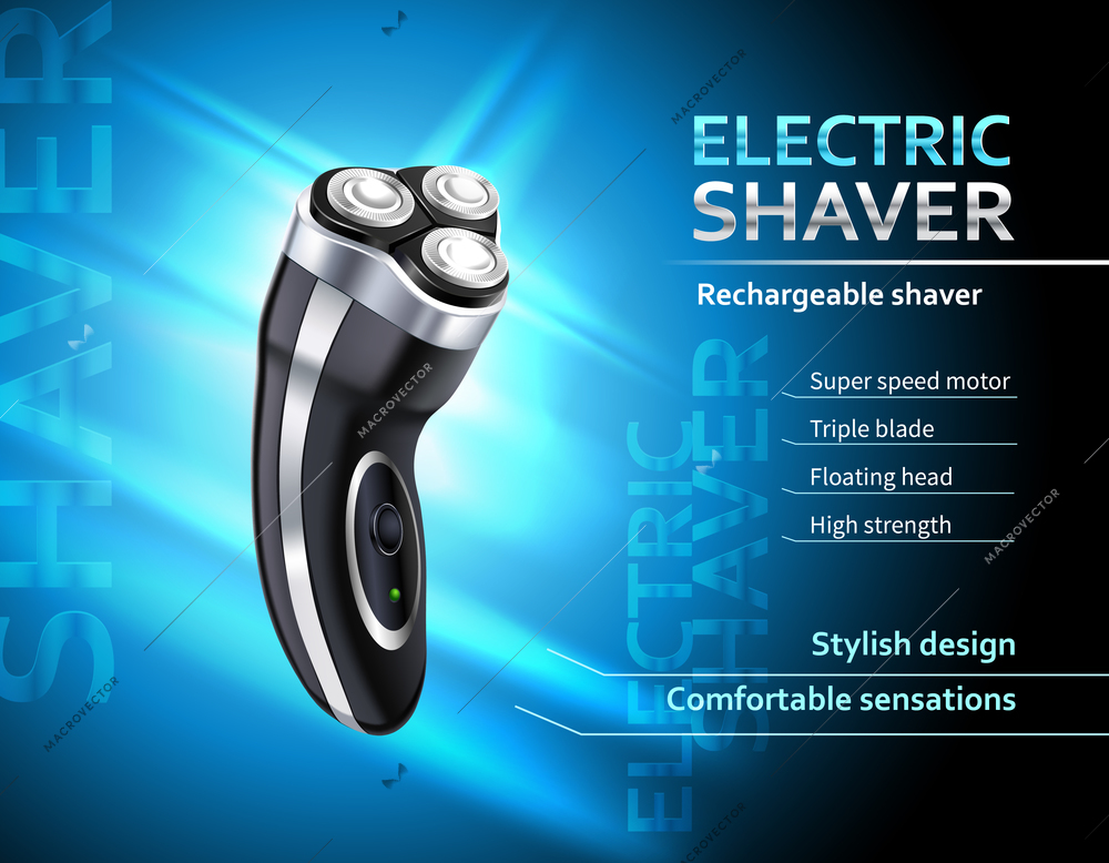 Realistic rechargeable electric shaver with speed motor advertising poster on gradient blue background vector illustration