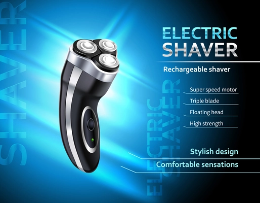 Realistic rechargeable electric shaver with speed motor advertising poster on gradient blue background vector illustration