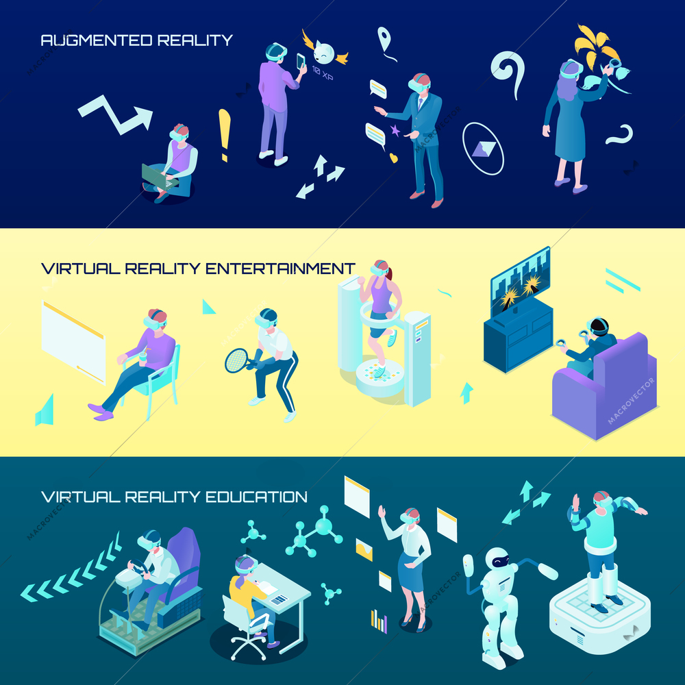 Set of isometric horizontal banners with augmented reality, virtual world entertainment, vr education, isolated vector illustration