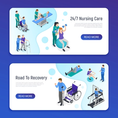 Physiotherapy rehabilitation clinic 2 isometric horizontal web banners with nursing care road to recovery info vector illustration