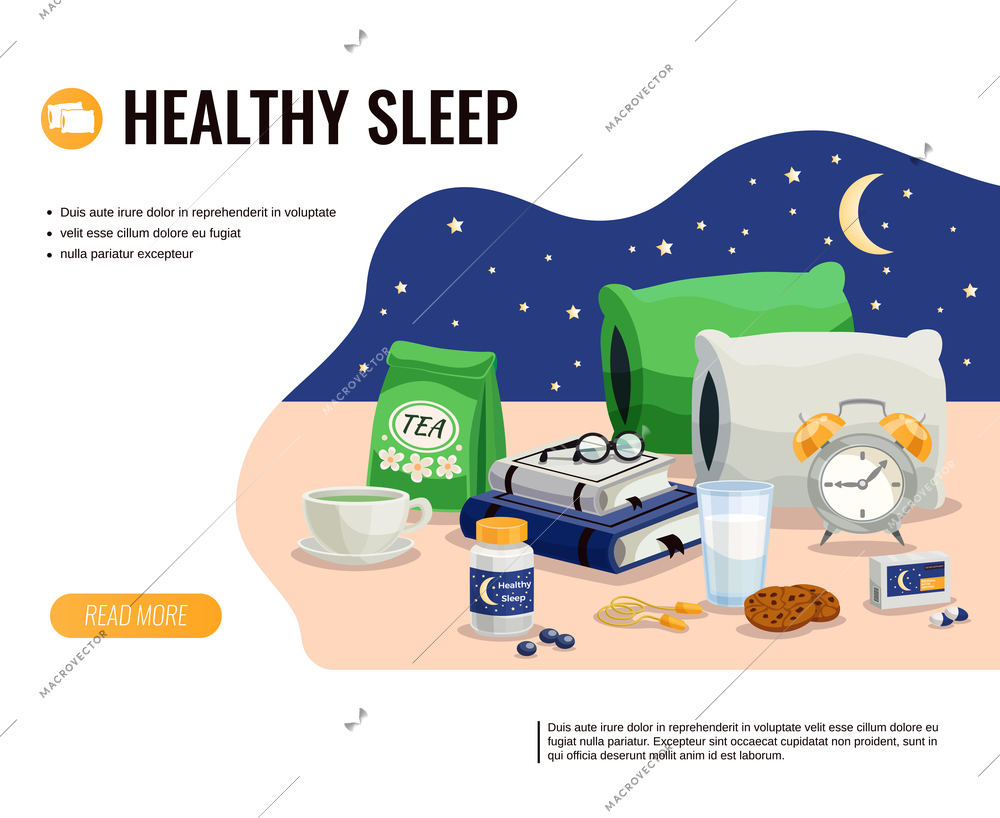 Healthy sleep cartoon vector illustration with glass of milk pack of soothing tea and sleeping pills at night sky background