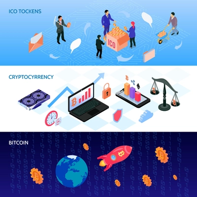 Set of isometric horizontal banners with ico tokens, crypto currency, bit coin start up isolated vector illustration