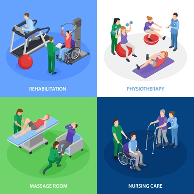 Physiotherapy rehabilitation 4 isometric icons concept with nursing care massage treatment strength balance exercises isolated vector illustration