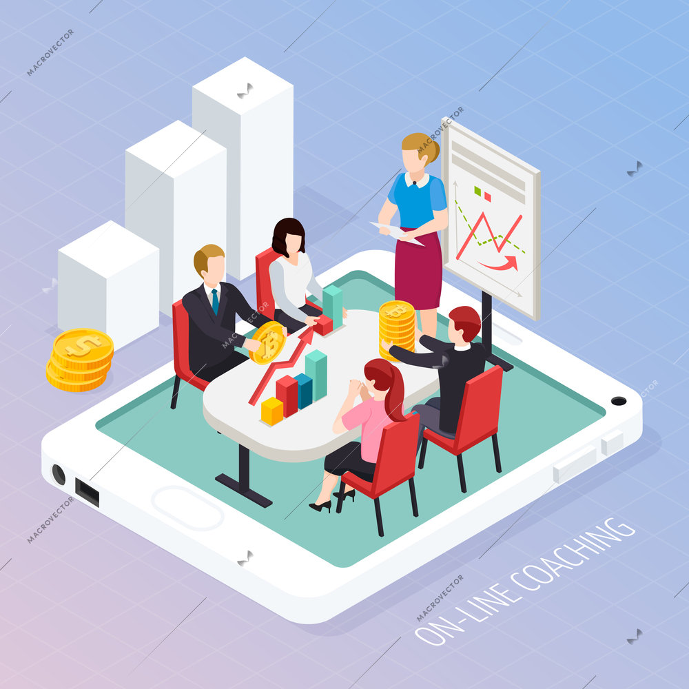 Business coaching online isometric composition on textured gradient background, staff training on mobile device screen vector illustration