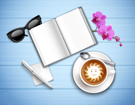 Work place top view with cappuccino sun glasses and orchid on textured blue background realistic vector illustration