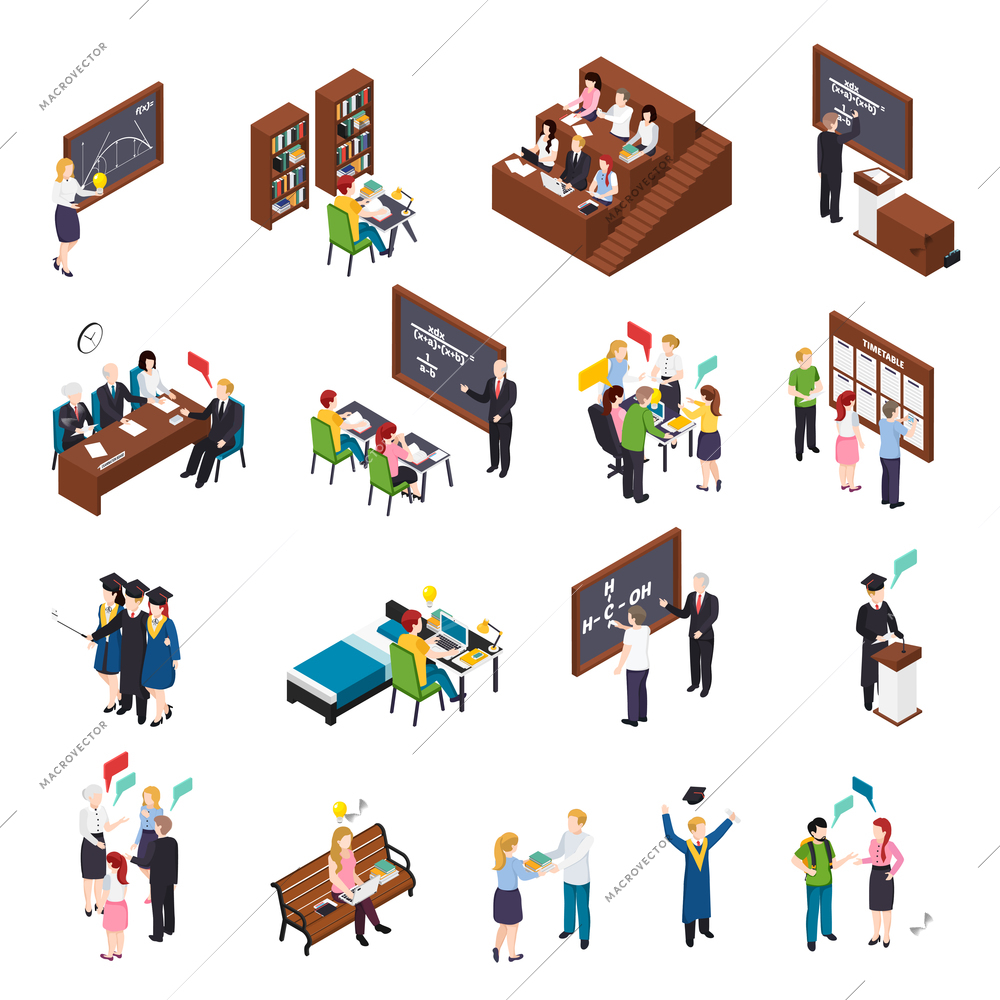 University students attending lectures workshops busy with projects in library graduating isometric icons set isolated vector illustration