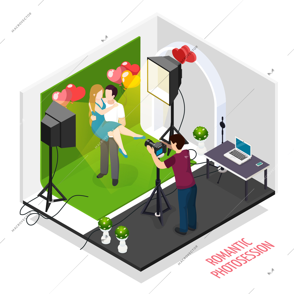 Dating couple photography isometric composition with romantic engagement poses professional photo shoots in studio vector illustration