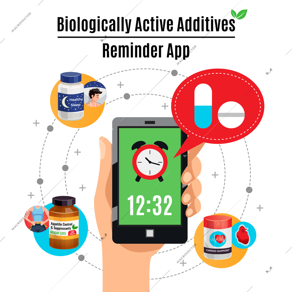Time reminder smartphone app about biological active additives therapy design concept cartoon vector illustration