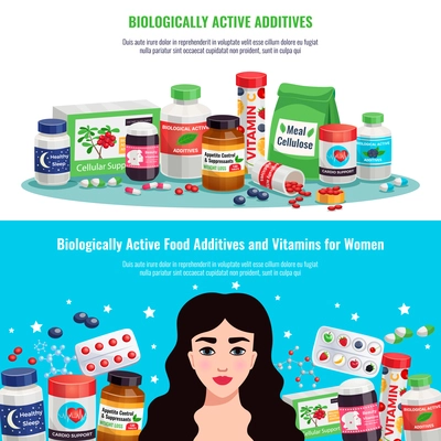 Biologically active food additives and vitamins for women health and beauty horizontal banners cartoon vector illustration