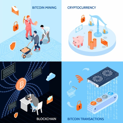 Crypto currency mining, block chain, bit coin transaction, computer hardware isometric design concept isolated vector illustration