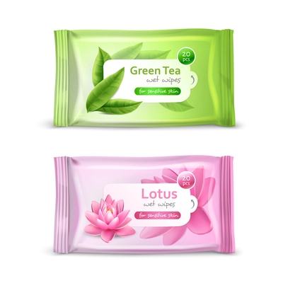 Set of realistic packaging for wet wipes with green tea and lotus flower isolated vector illustration