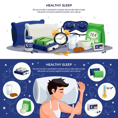 Healthy sleep horizontal banners with young man sleeping on orthopedic pillow soothing tea mask books with recommendations for healthy lifestyle vector illustration