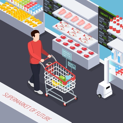 Super market of future isometric composition, buyer with goods in cart, robot scanner near shelves vector illustration