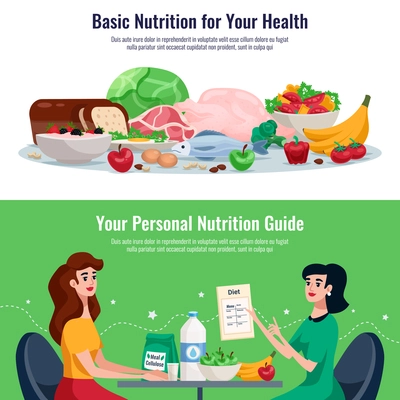 Diet horizontal banners with basic nutrition for good health and personal nutrition guide cartoon vector illustration