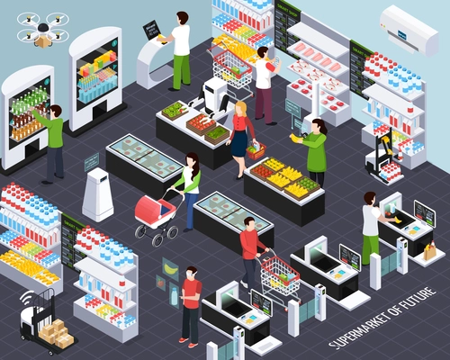 Supermarket of future isometric composition with smart shelf technologies and shopping baskets scanning purchased items vector illustration