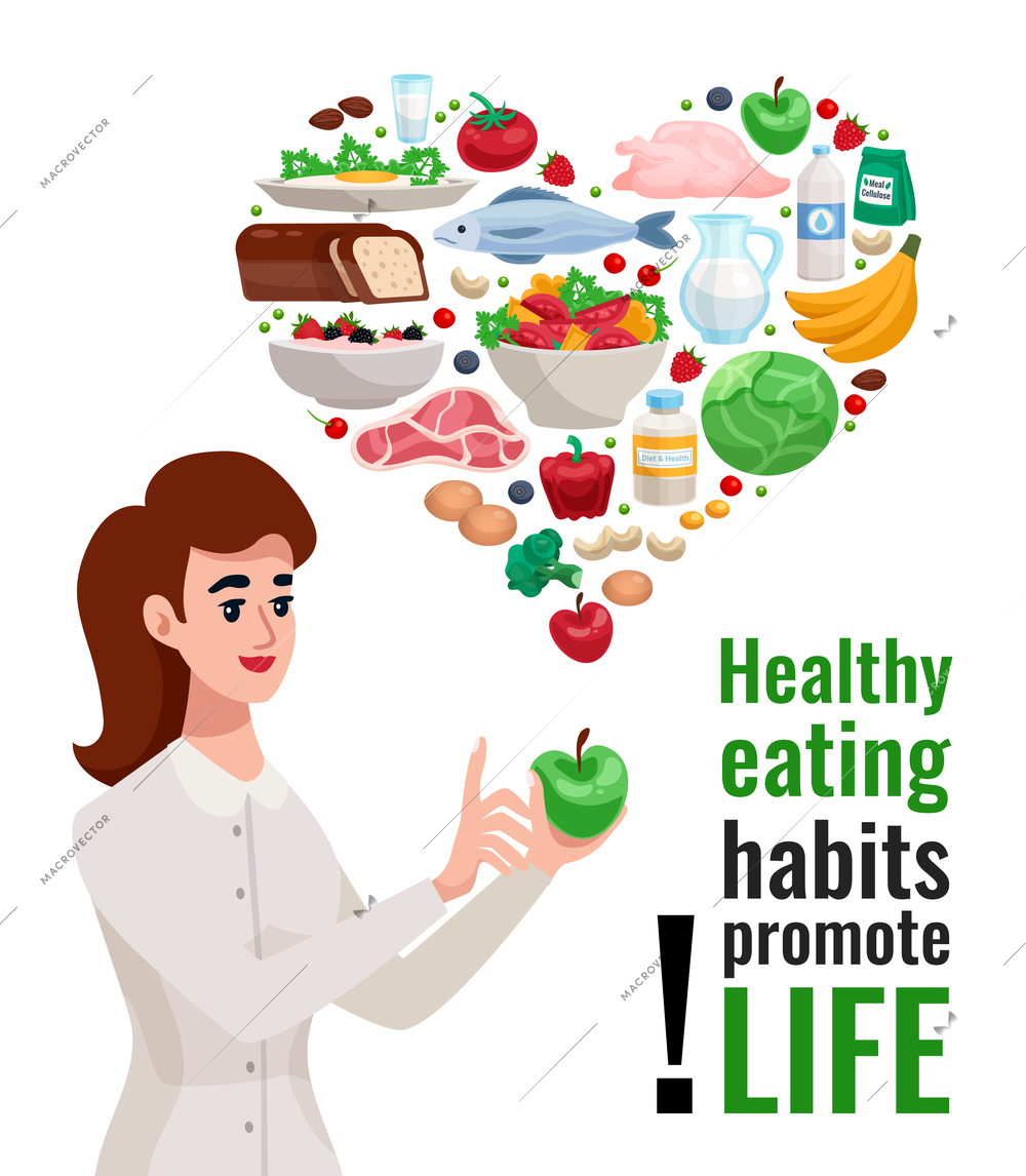 Healthy eating advertising poster with young woman holding green apple and useful food icons in heart form cartoon vector illustration